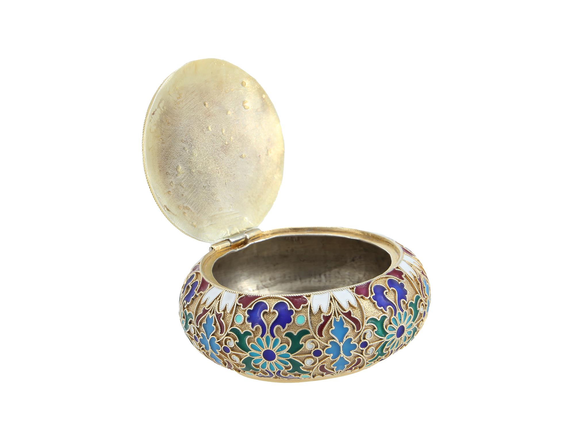 RUSSIAN GILT SILVER AND CLOISONNE ENAMEL PILL BOX PIC-2